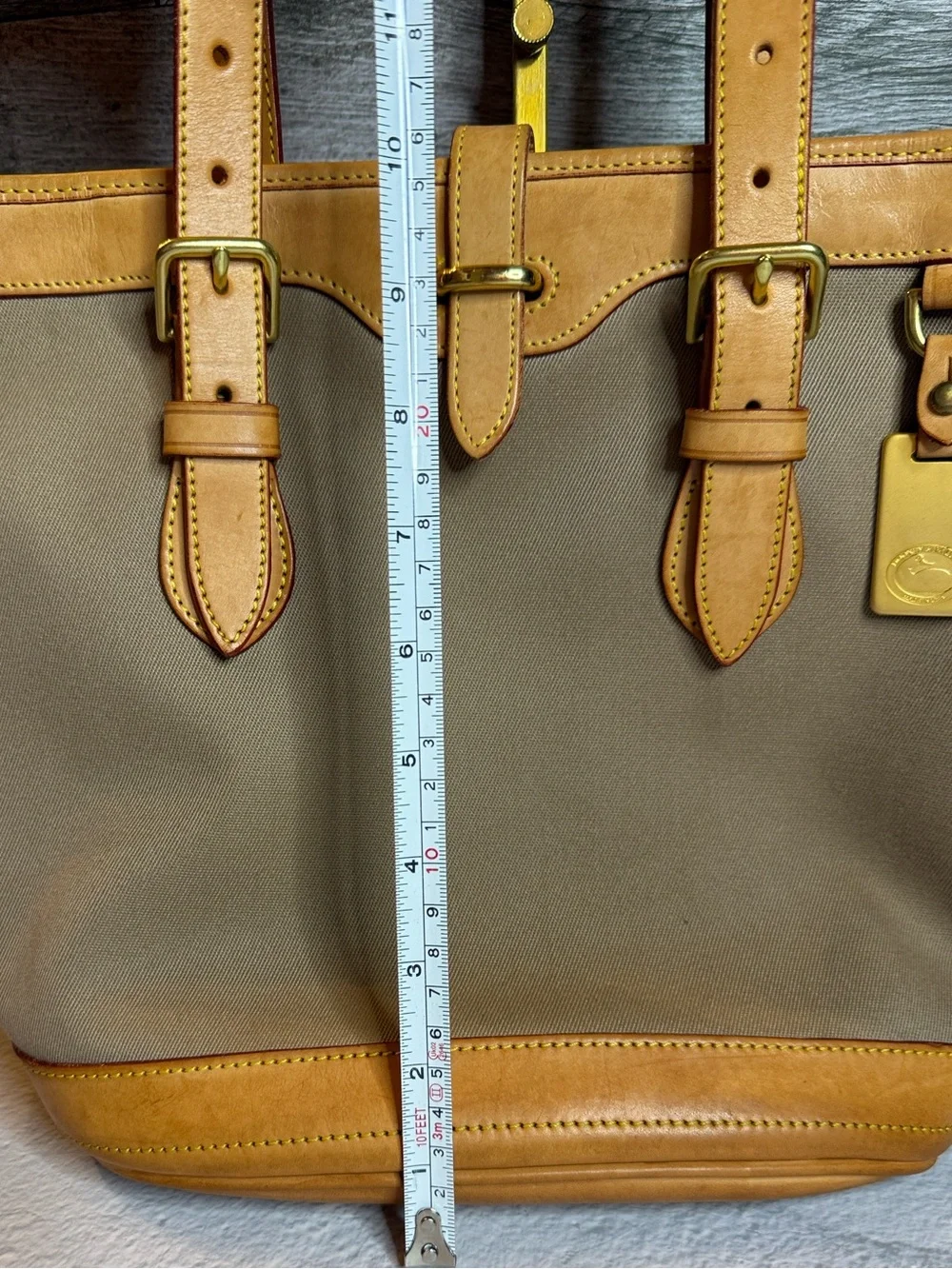Vintage Dooney & Bourke USA Canvas Bucket Tote British Tan Leather Duck Tag